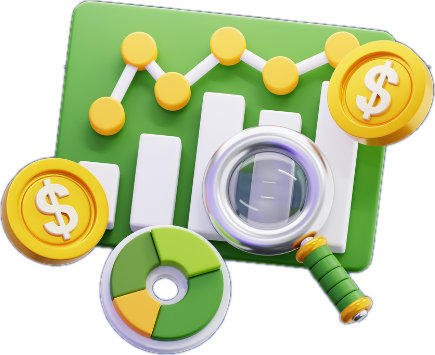 Illustration of a budget chart with coins and a magnifying glass